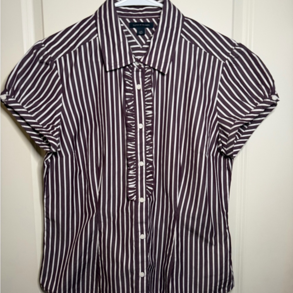Tommy Hilfiger Ruffled Purple and White Striped Button Up Fitted Shirt Size L - Picture 2 of 11